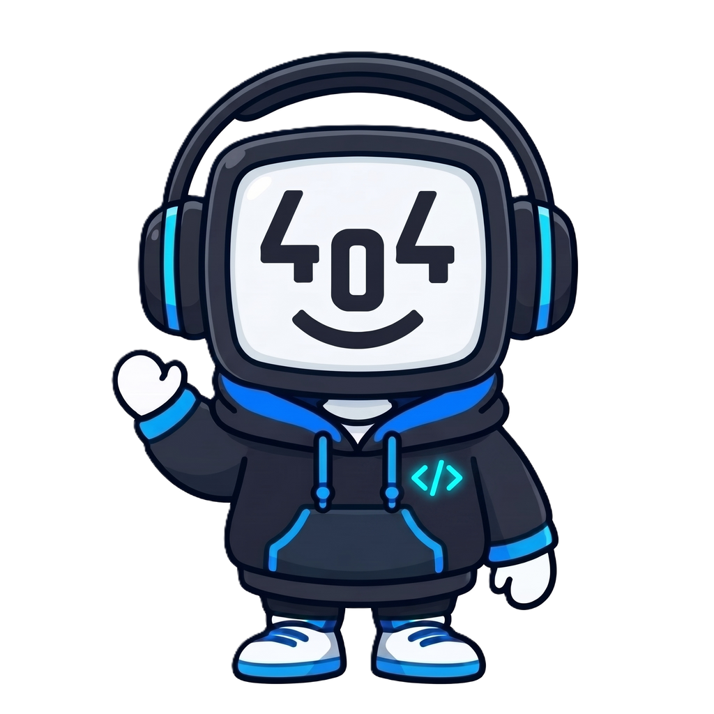 404 Merch mascot: a smiling monitor-headed character in headphones and a hoodie, waving